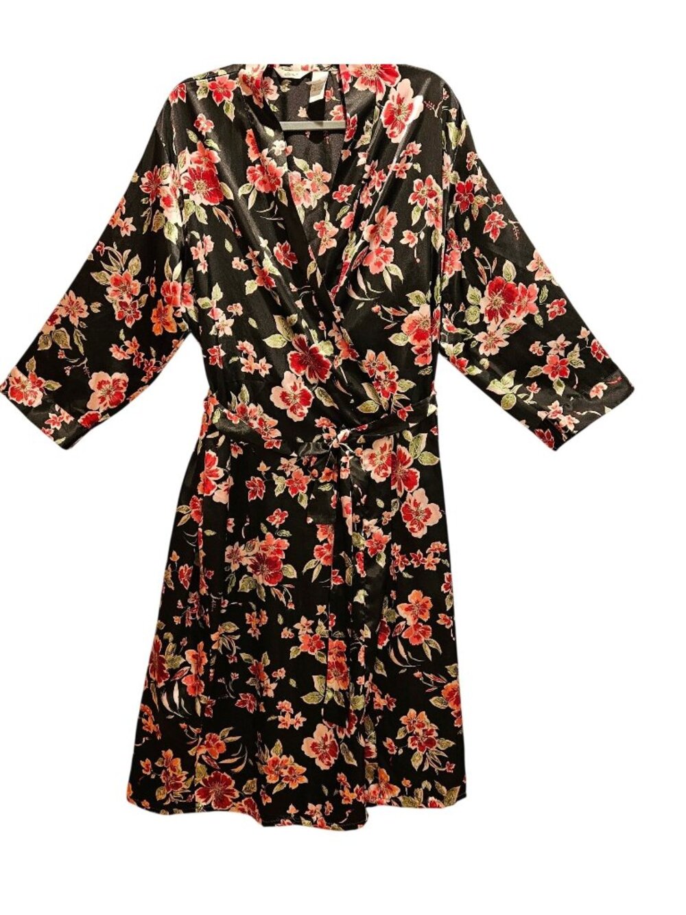 Addona Satin Robe Women XL Floral Black pink red Satin tie sexy hibiscus leisure